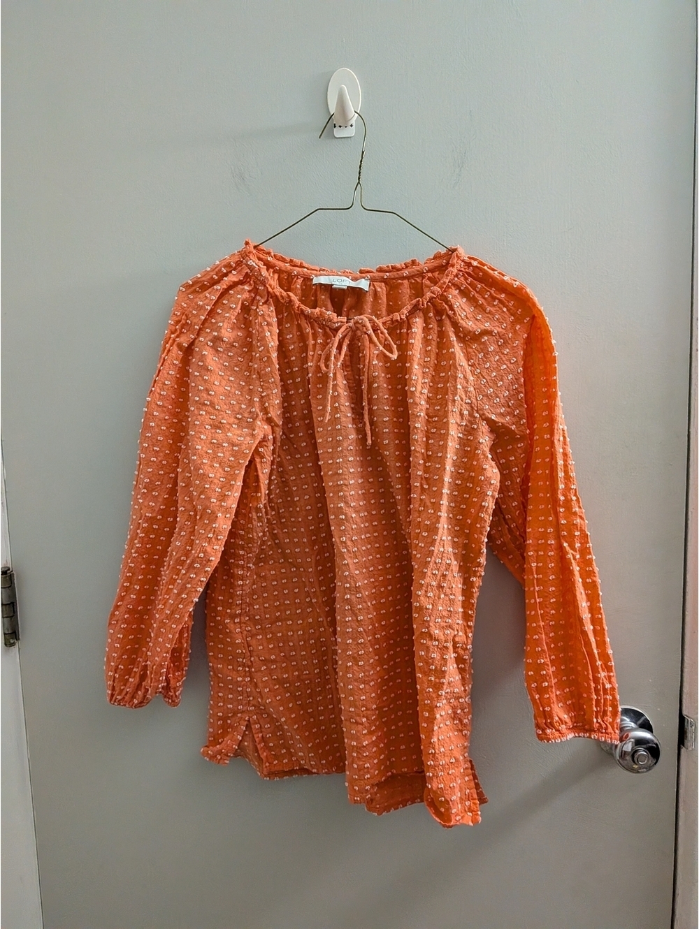LOFT Small Coral Tie Neck Blouse Boho Chic Peasant Cottagecore Casual Smocked - Picture 2 of 6